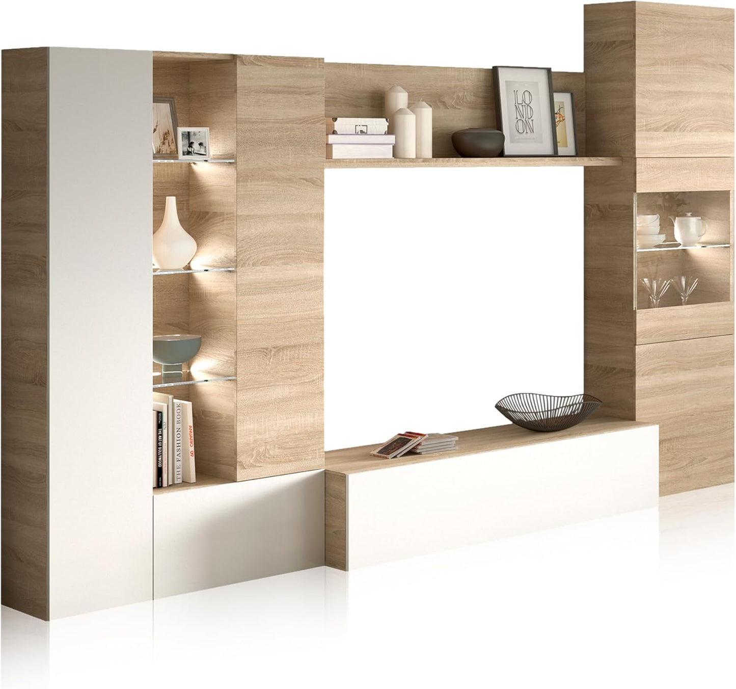 Mobile soggiorno Essenzial LED - 260x185x42 cm, bianco lucido/canadian