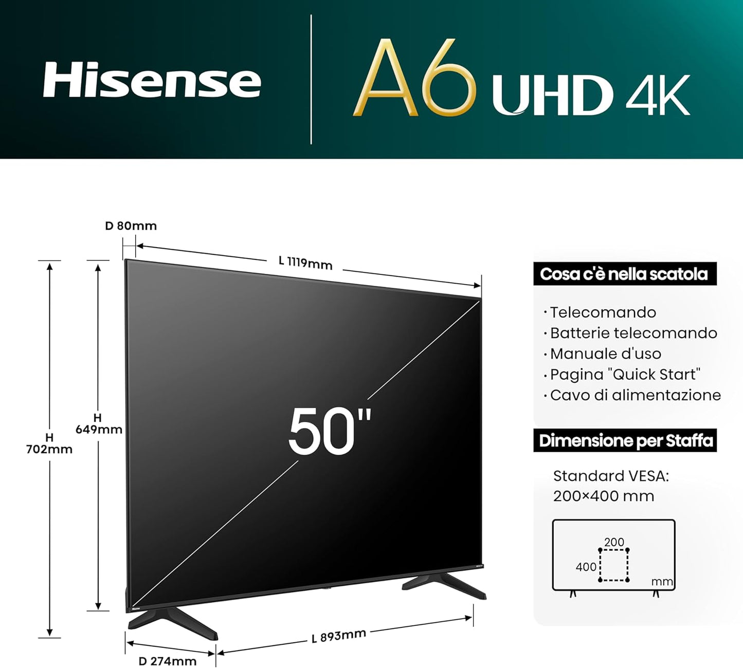 Hisense Smart TV 50" UHD 4K Ultra HD 50A6N Led Android Wi-Fi Hdr NERO