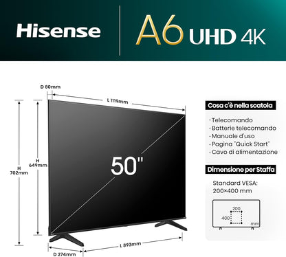 Hisense Smart TV 50" UHD 4K Ultra HD 50A6N Led Android Wi-Fi Hdr NERO
