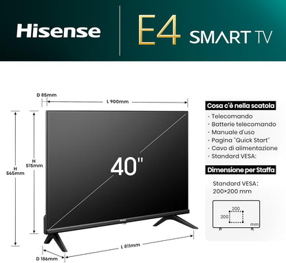 Hisense Smart Tv 40" Vidaa 40E43Nt Full Hd Led Android Wi-Fi Hdmi Usb Hdr Nero