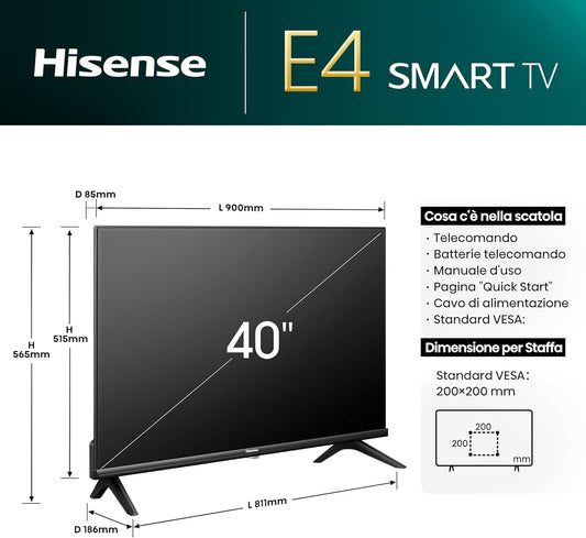 Hisense Smart Tv 40" Vidaa 40E43Nt Full Hd Led Android Wi-Fi Hdmi Usb Hdr Nero