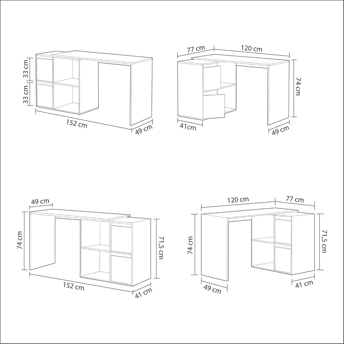 Scrittoio reversibile bianco pluriposizione - 120x49x78 cm regolabile