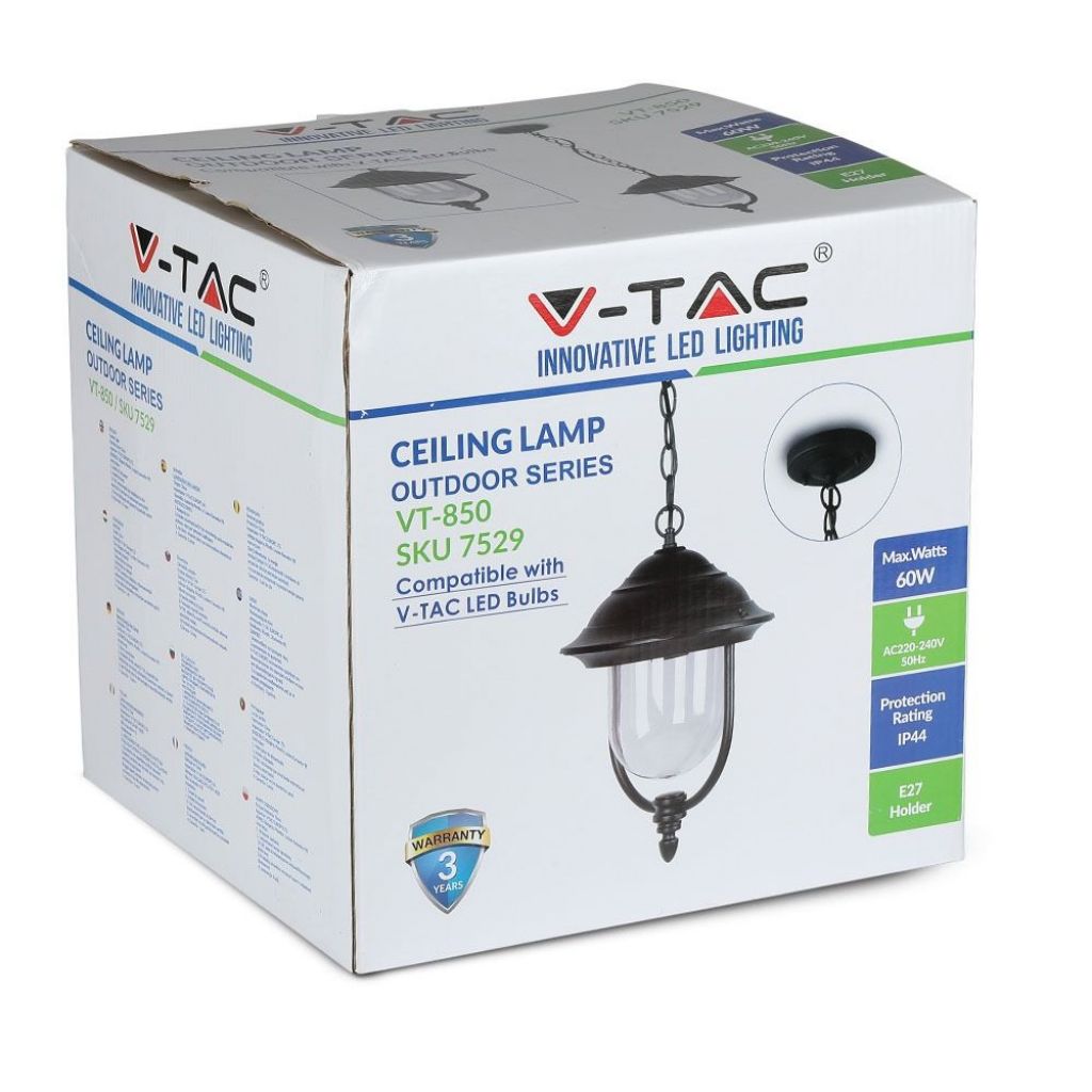 V-TAC LED-Deckenleuchte Laterne E27, L 890mm, Schwarz, IP44, Max. 60W