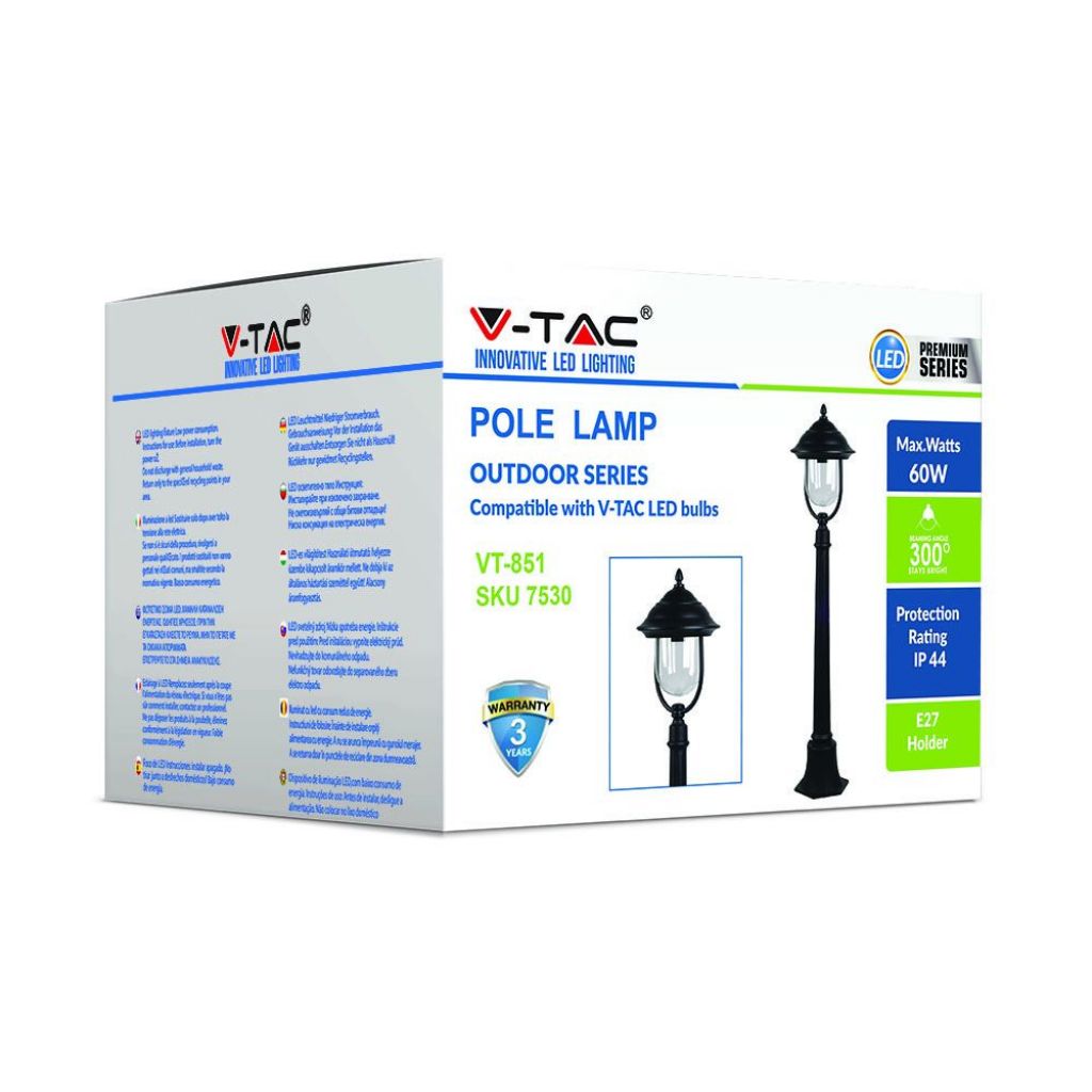 V-TAC LED-Laternen-Stehleuchte E27, H 110cm, Schwarz, IP44, Max 60W