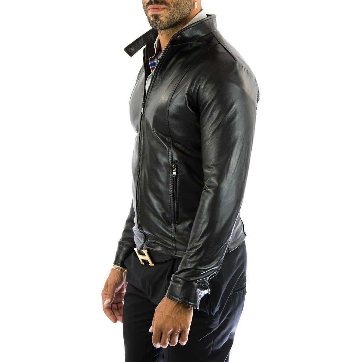 Men's Black Genuine Leather Slim Fit Biker Jacket Front Stitching Rindway
