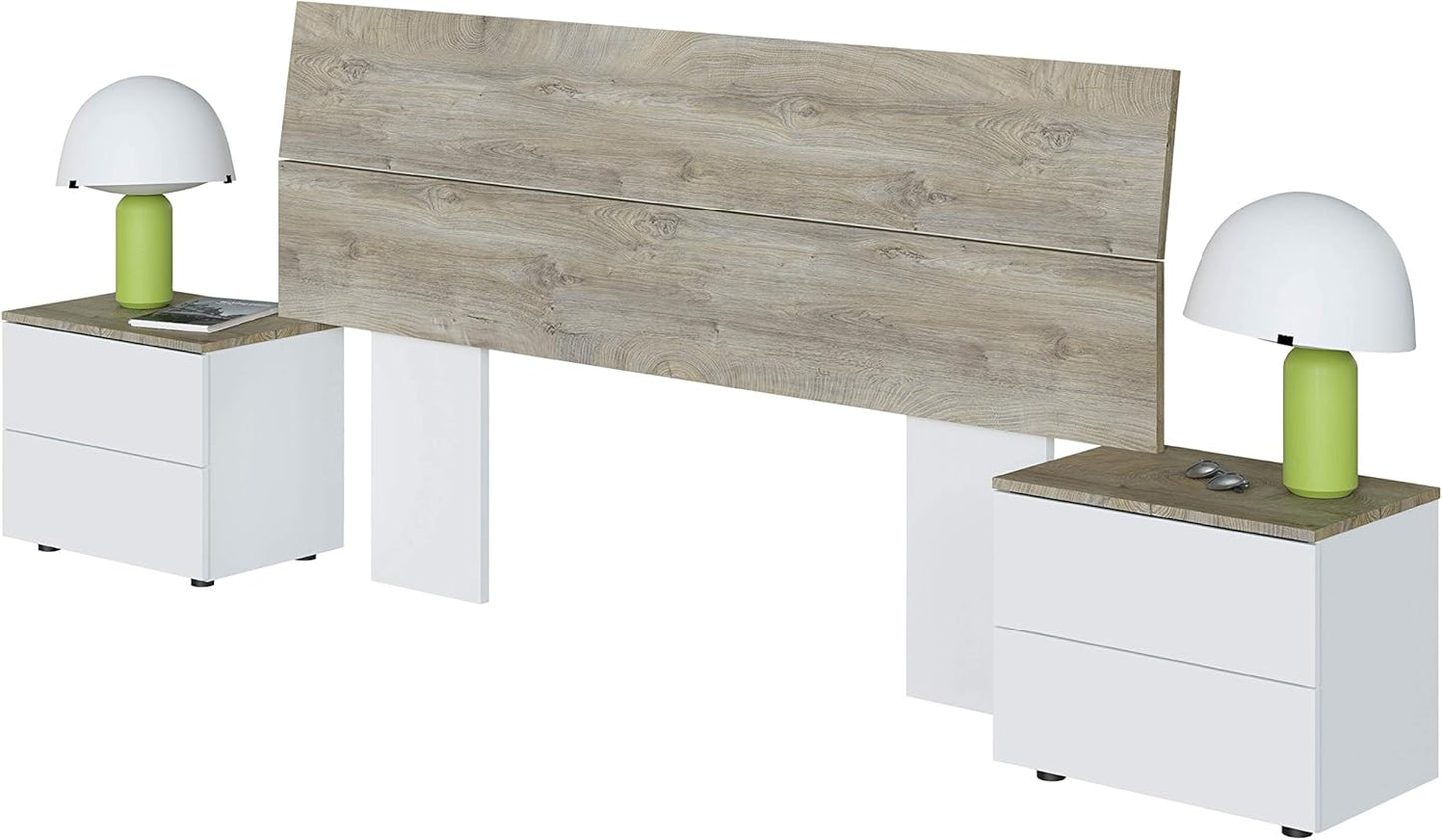 Set Testiera Letto Matrimoniale con 2 Comodini - Bianco Artik e Rovere Alaska