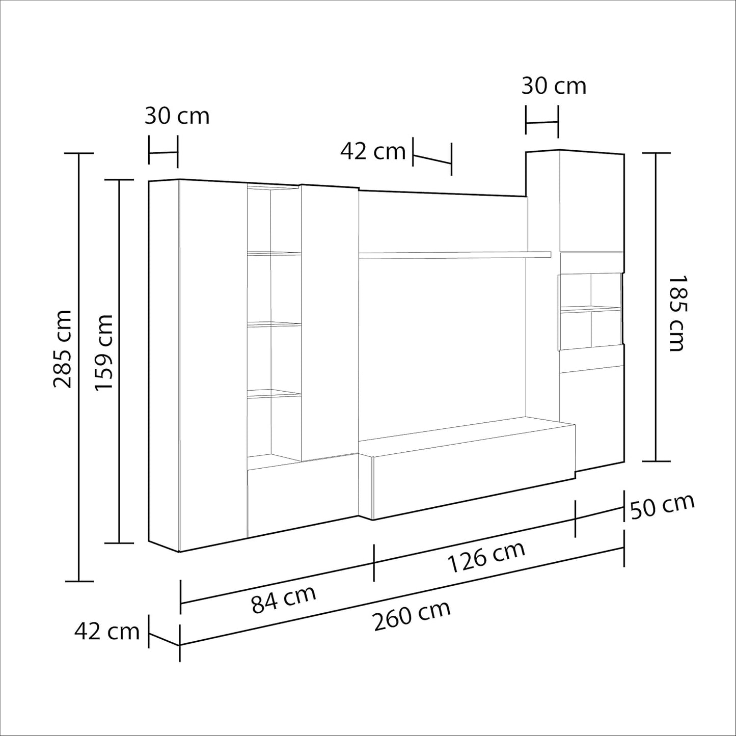 Mobile soggiorno Essenzial LED - 260x185x42 cm, bianco lucido/canadian