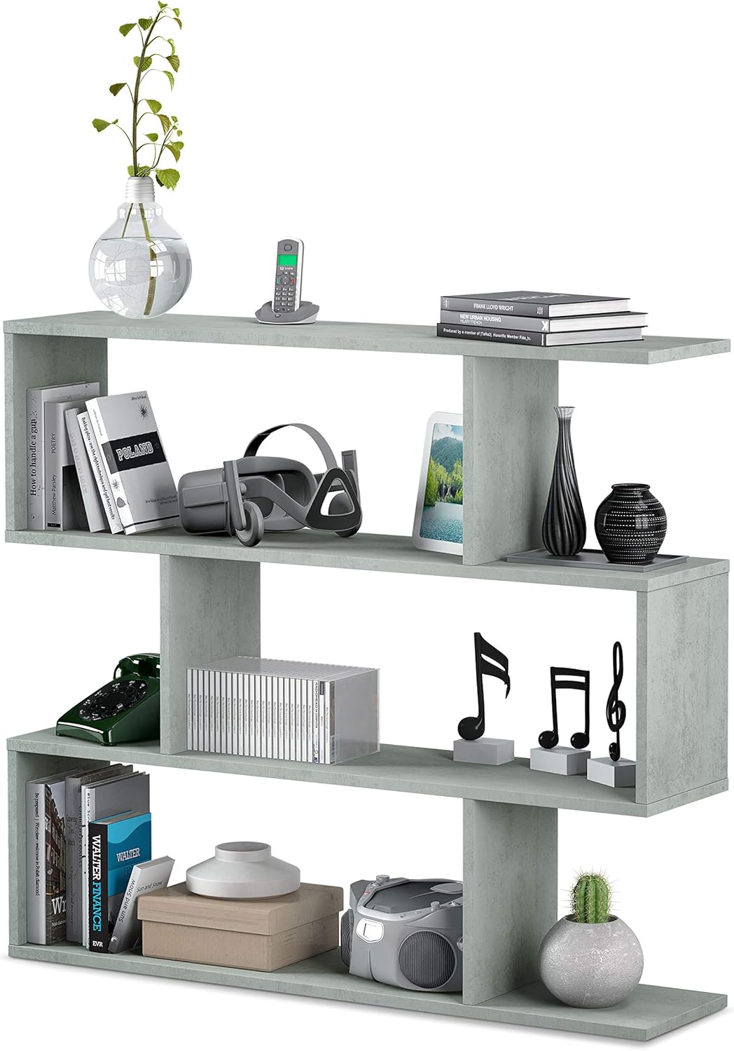 Libreria alta Athena a zig zag 110 cm colore cemento moderna