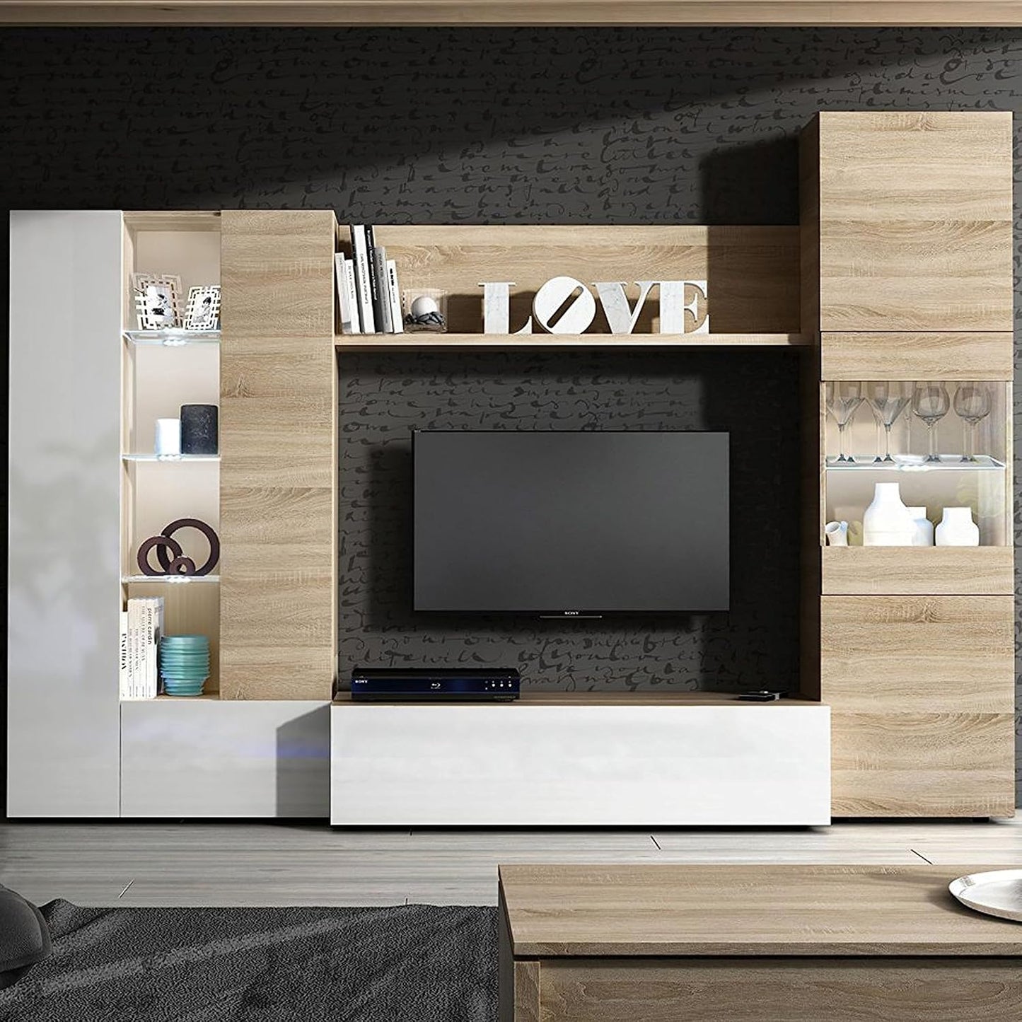 Mobile soggiorno Essenzial LED - 260x185x42 cm, bianco lucido/canadian