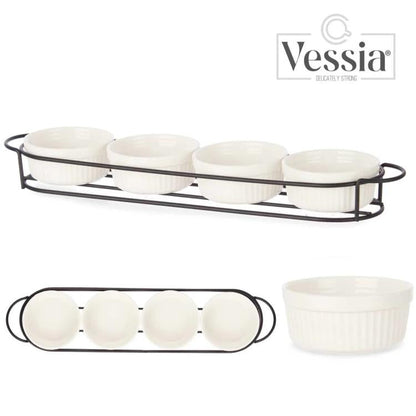 Set 4 Pezzi Antipastiera Porcellana Con Supporto Vassoio Aperitivo Ciotole Salse