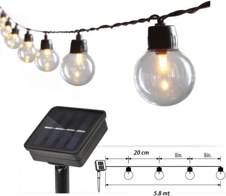 Catenaria Solare Luminosa 10 Lampadine Catena 3,8mt Luci Esterno Addobbi Natale