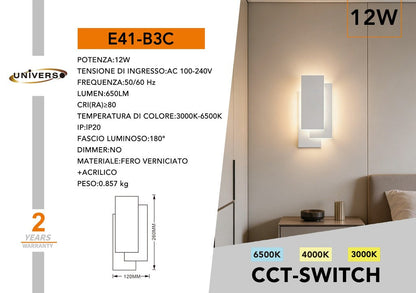 Applique Led Luce Bianca Vetro Da Parete 12w Lampada Moderno Luce 3 colori CCT (Bianco Freddo, Naturale e Caldo)