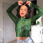 Casual Green Snake Print T-shirt Women's Long Sleeve Snakeskin T-shirt