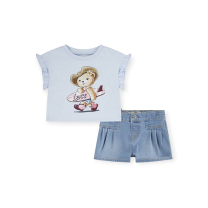 LEVI'S KIDS COMPLETO DA BAMBINA MAGLIETTA E PANTALONCINO1EP561-UHG Celeste
