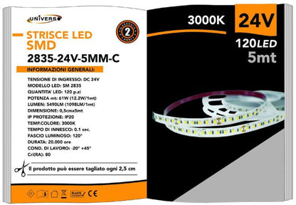 LED-Streifen 5M 600 LEDs 2835 61W 24V Rolle 5m doppelseitig | Warmweiß 3000K