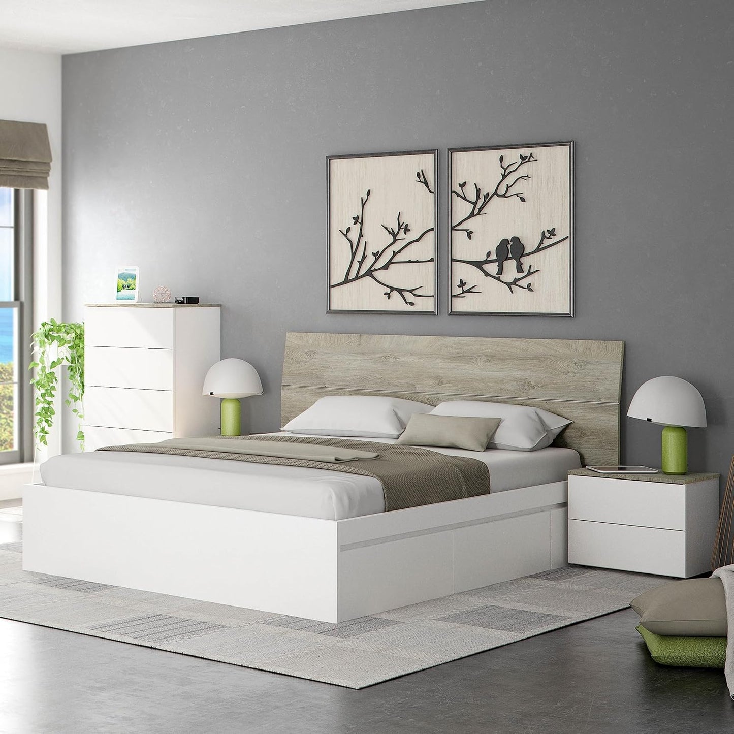 Set Testiera Letto Matrimoniale con 2 Comodini - Bianco Artik e Rovere Alaska