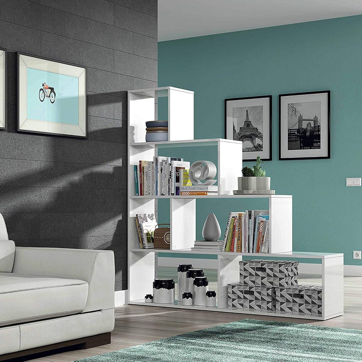 Libreria bianca lucida 145x29x145 cm - Moderna con 6 vani capienti