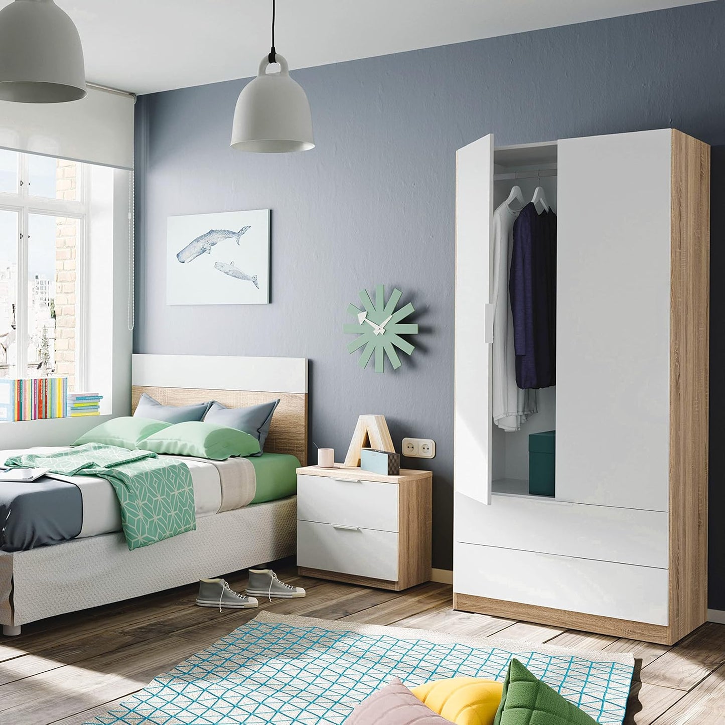 Armadio 2 ante e 2 cassetti bianco artik e rovere Canadian 81x52x180h