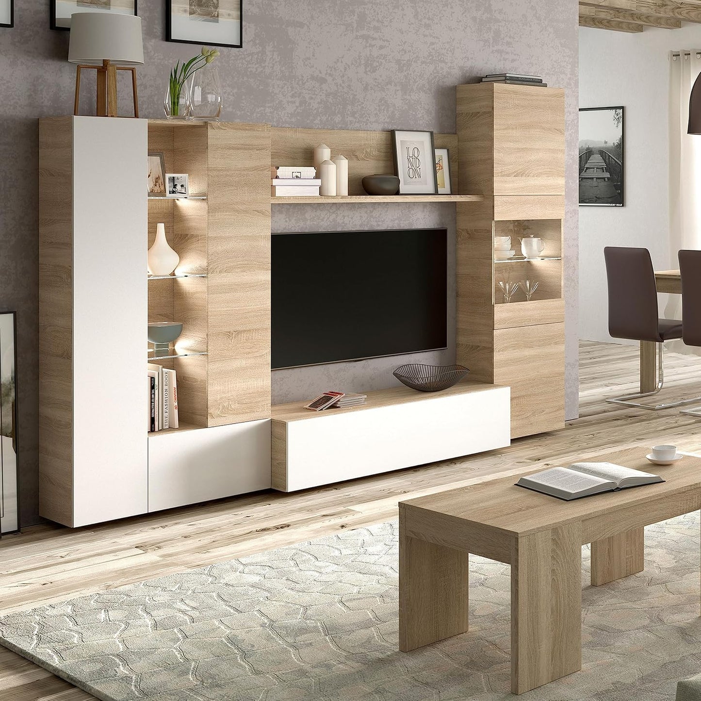 Mobile soggiorno Essenzial LED - 260x185x42 cm, bianco lucido/canadian