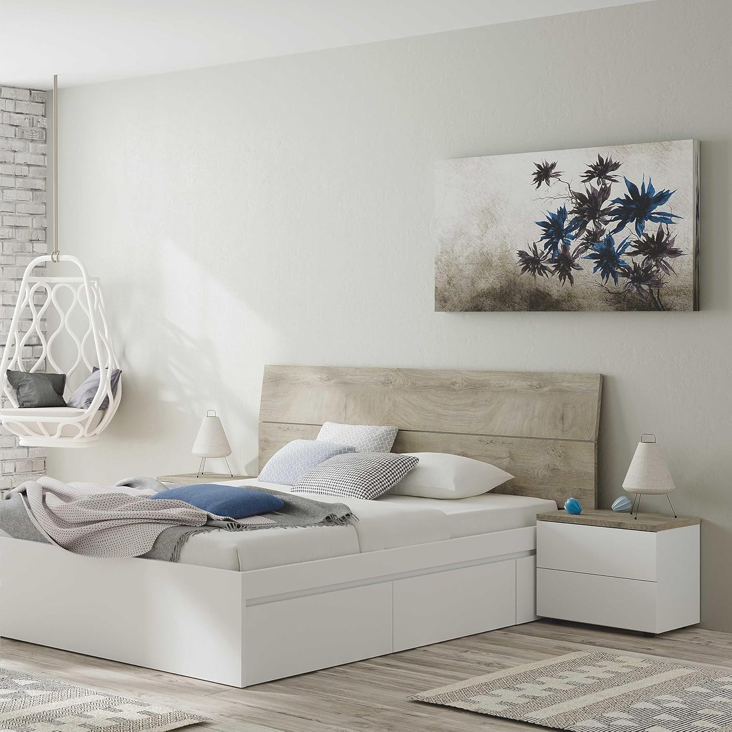 Set Testiera Letto Matrimoniale con 2 Comodini - Bianco Artik e Rovere Alaska