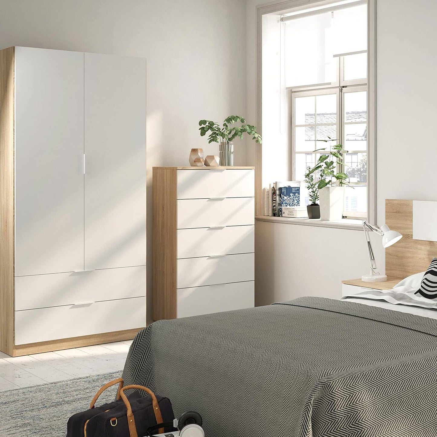 Armadio 2 ante e 2 cassetti bianco artik e rovere Canadian 81x52x180h