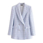 Women's double-breasted tweed coat with check pattern, long-sleeved vintage pockets, female outerwear