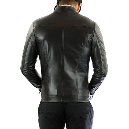 Men's Slim Fit Brown Genuine Leather Biker Jacket Front Stitching Rindway