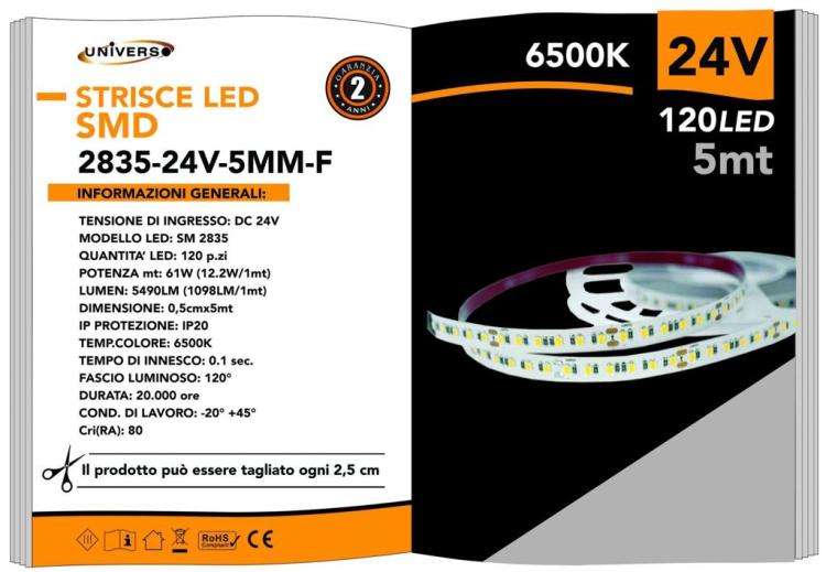 LED-Streifen 5m, 600 LEDs 2835, 61W, 24V, Rolle 5m, beidseitig klebend | Kaltweiß 6500K