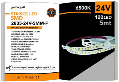 LED-Streifen 5m, 600 LEDs 2835, 61W, 24V, Rolle 5m, beidseitig klebend | Kaltweiß 6500K