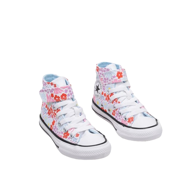 Converse scarpa sneakers da bambina con laccio elastico e velcro a fantasia fiori A06339C bianco-celeste-rosa