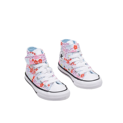 Converse scarpa sneakers da bambina con laccio elastico e velcro a fantasia fiori A06339C bianco-celeste-rosa