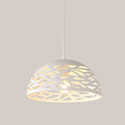 Moderne Pendelleuchte, perforierter, geflochtener Schirm, Eisen, E27, Weiß