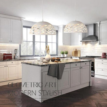 Moderne Pendelleuchte, perforierter, geflochtener Schirm, Eisen, E27, Weiß