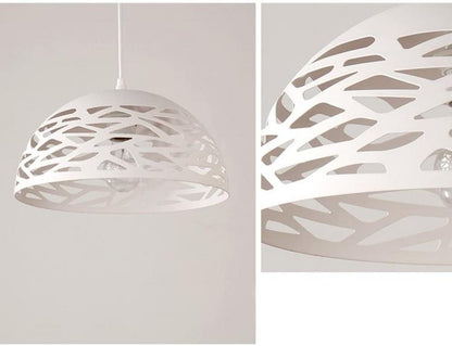 Moderne Pendelleuchte, perforierter, geflochtener Schirm, Eisen, E27, Weiß