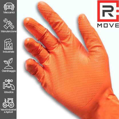 Rmove 50Pz 8.5Gr da Lavoro Guanti Nitrile Arancione Senza Polvere Full Grip XXL