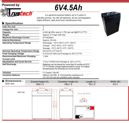 Trustech 2 X Bleigel Akku Akkumulator 6V 4Ah 4,5Ah Wiederaufladbar Auto Peg Perego