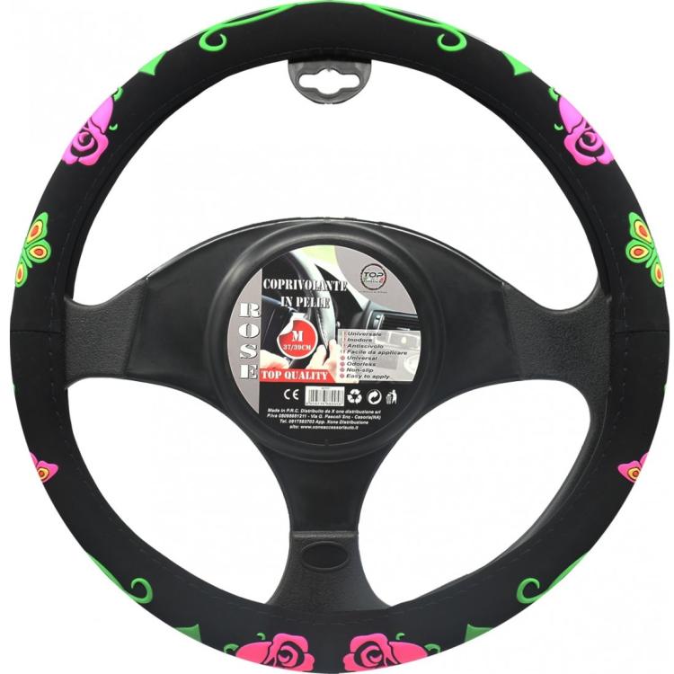 LENKRADBEZUG SCHWARZ MIT ROSEN AUTO UNIVERSAL LENKRADHÜLLE TUNING 37-39