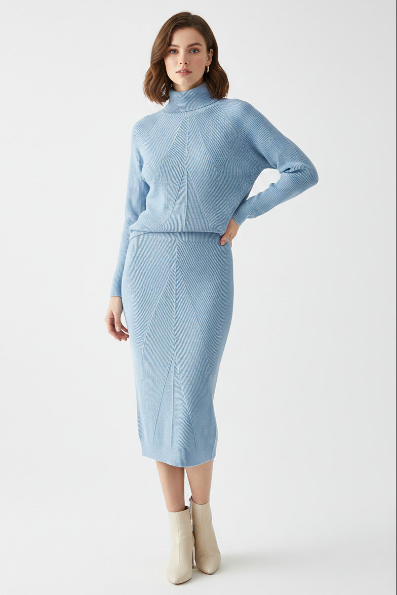 Completo Donna Due Pezzi Elegante con Maglione Collo Alto e Gonna Lunga