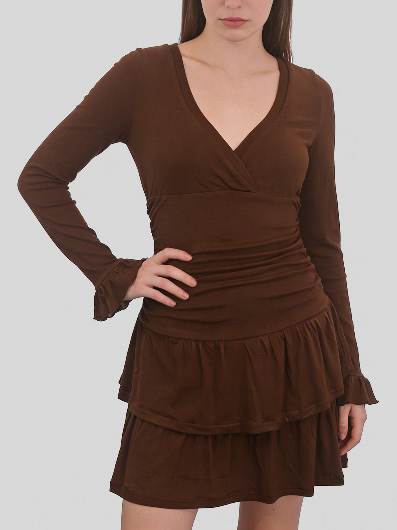 Vestito marrone per donna, economico a basso prezzo con scollo a V e gonna