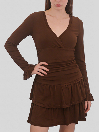 Vestito marrone per donna, economico a basso prezzo con scollo a V e gonna
