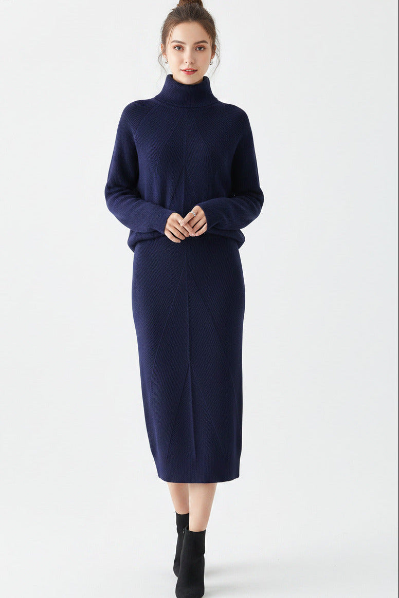 Completo Donna Due Pezzi Elegante con Maglione Collo Alto e Gonna Lunga