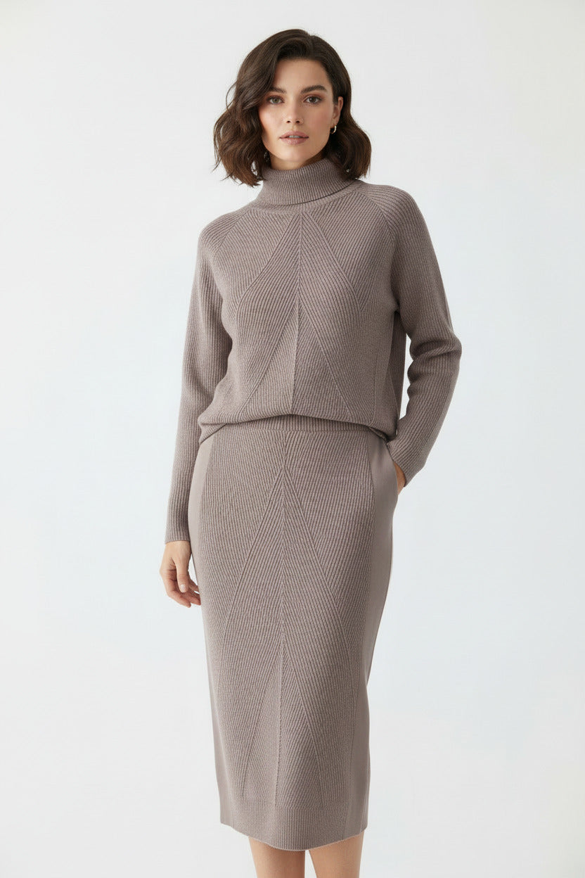 Completo Donna Due Pezzi Elegante con Maglione Collo Alto e Gonna Lunga
