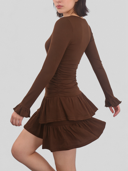 Vestito marrone per donna, economico a basso prezzo con scollo a V e gonna
