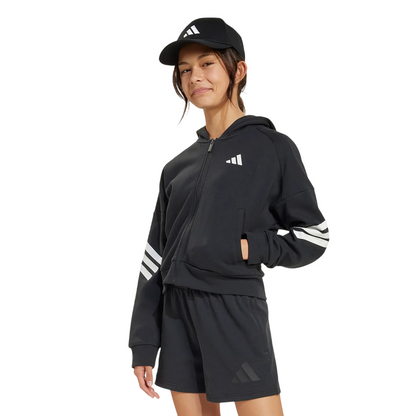 Adidas Felpa con cappuccio e cerniera FT 3 STRIPES JJ4847 Nera - Stile e Comfort per Ragazze