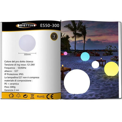 Lampada Sfera Da Giardino Ø 30Cm Luce Esterno Palla Terra E27 Bianco + Picchetti Illuminazione Sentiero Faro Arredamento Feste