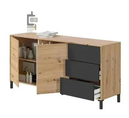 Sideboard mit 2 Türen + 3 Schubladen aus Eiche und Anthrazit 154X41X74H