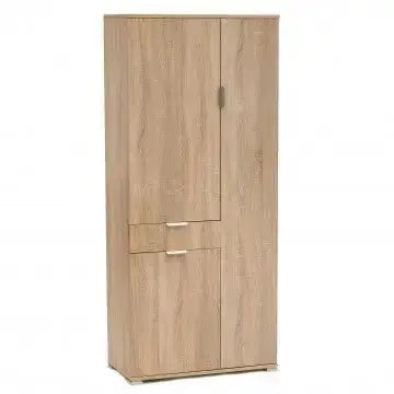 Kleiderschrank, Naturfarben, mit 3 Türen und 1 Schublade, 75x38x174 cm