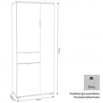 Kleiderschrank, Naturfarben, mit 3 Türen und 1 Schublade, 75x38x174 cm