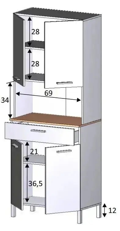 Moderner Küchenschrank in Weiß und Eiche mit 4 Türen und 1 Schublade