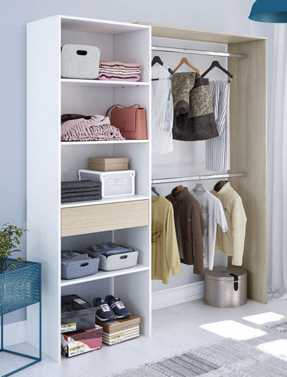 Kleiderschrank 158x40x187h in Hell Eiche und Weiß mit Einlegeböden und Kleiderstange